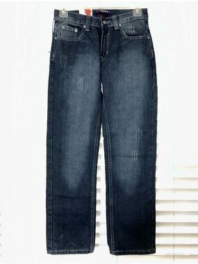 Boys Blue Faded Dark Wash Distressed Straight Leg Jeans Size 12 100% Cotton NWT